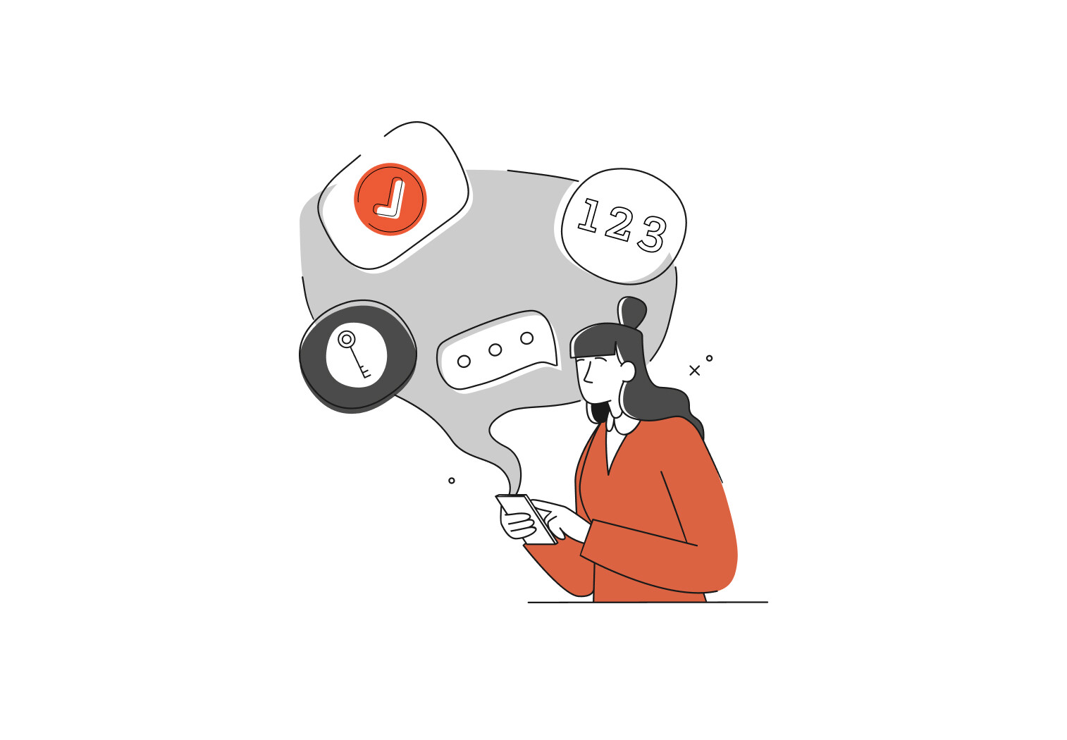 illustration, woman on phone authenticating MFA, bubbles of MFA methods above head, passwords, OTP notification, OTP, SMS MFA