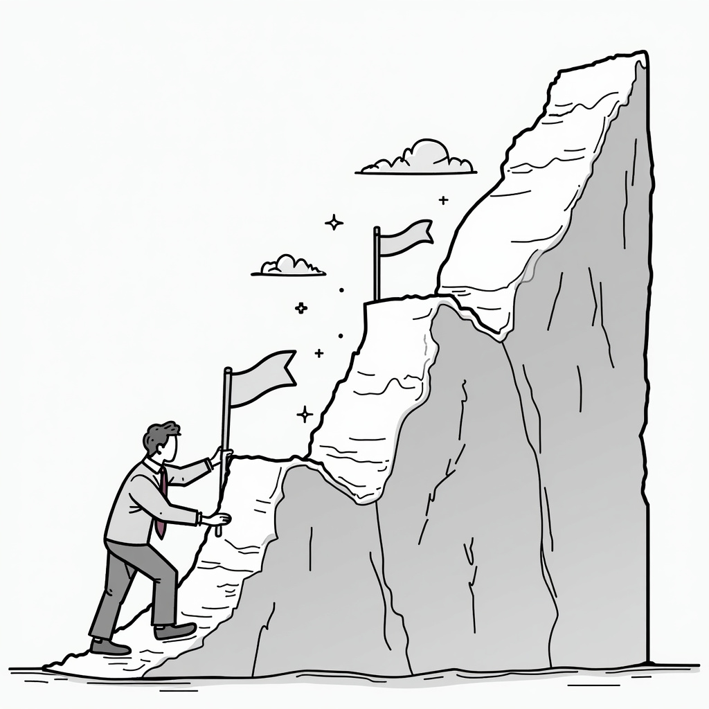 businessman climbing a mountain with flags representing stages in cyber maturity, a metaphor for continuous improvement in cyber maturity