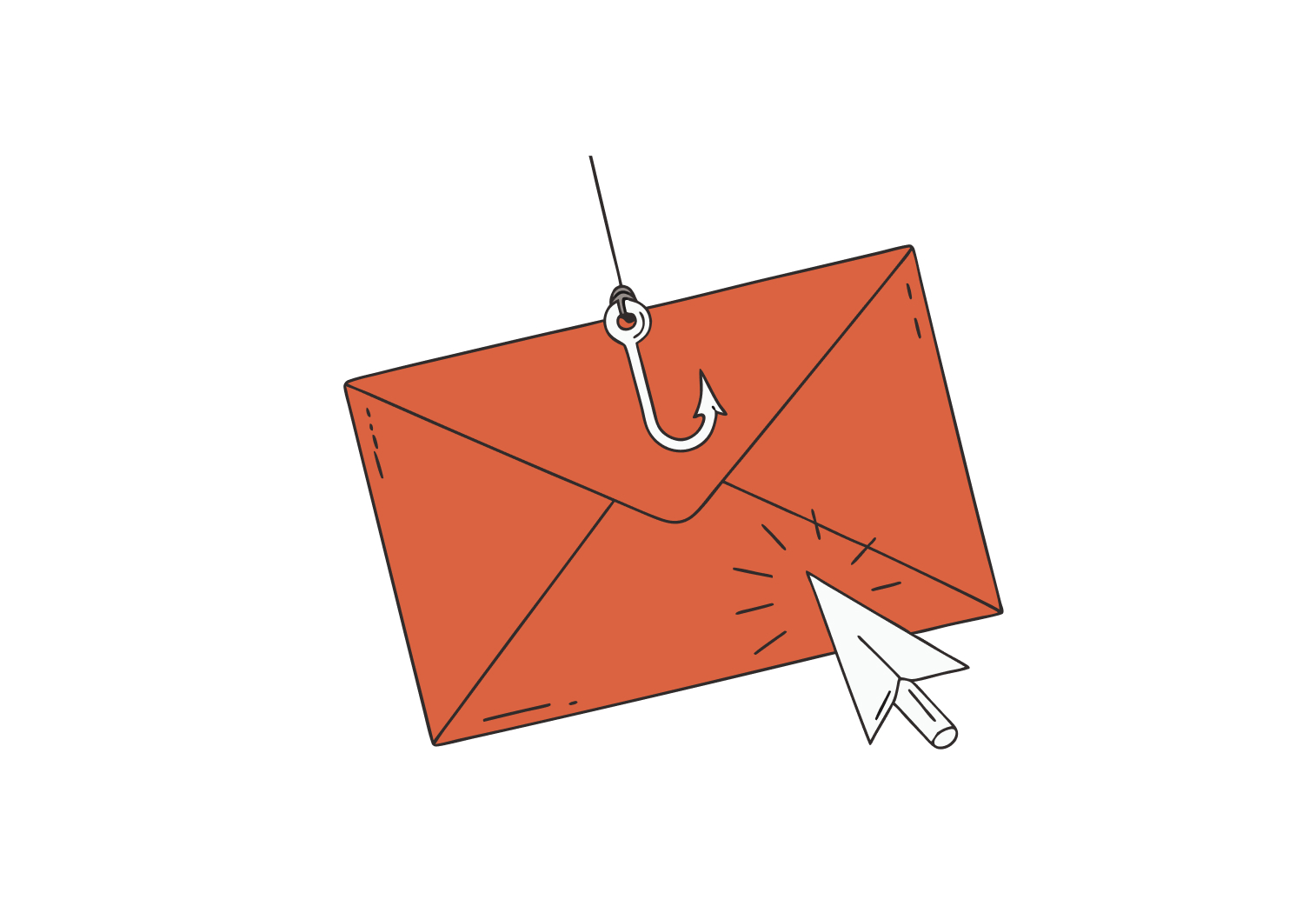 spear phishing hero illustration, envelope with hook on seal, mouse cursor hovering to click